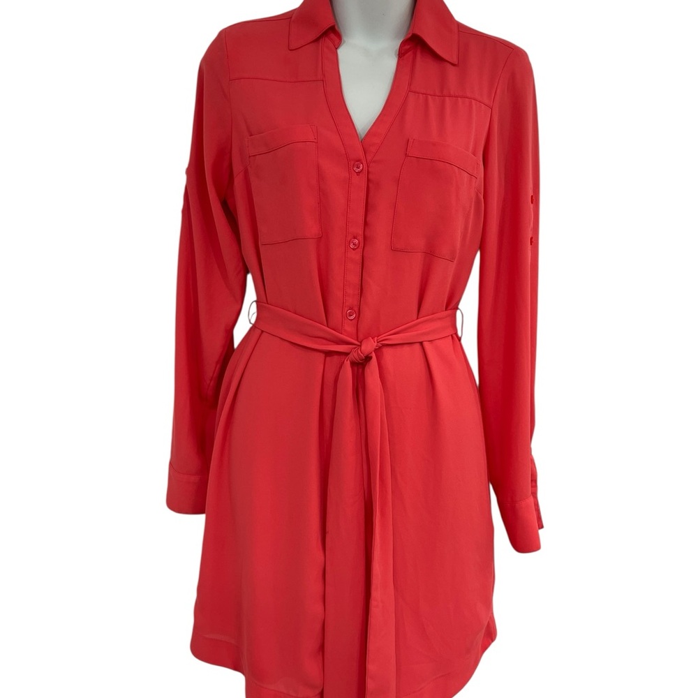 Express Red Long Sleeve Notched Collar Shirt Dress size XS Extra Small Summer